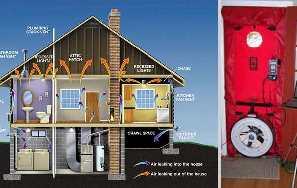 Problem areas of air leakage in a home and blower door test being cond
