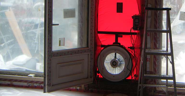 A blower door test identifies air leaks for repair to make homes more energy efficient.