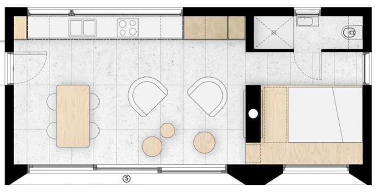 Green Modern Tiny House prefab home floor plan - Le Refuge 
