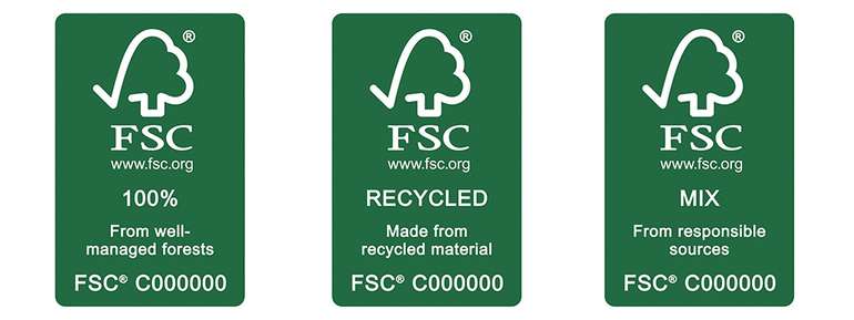 FSC labels indicate wood and paper products have been sourced from sustainably managed forests