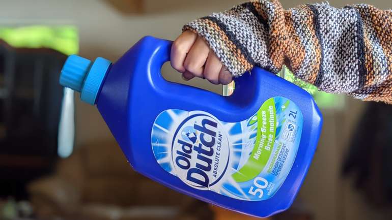 Home made DIY laundry detergent from buckeyes or horse chestnuts stores well in a plastic laundry detergent jug