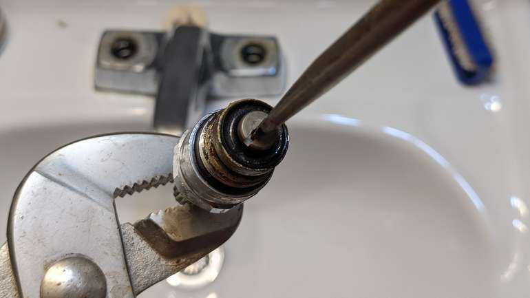 Carefully remove the brass screw from the end of the cartridge holding the sealing washer